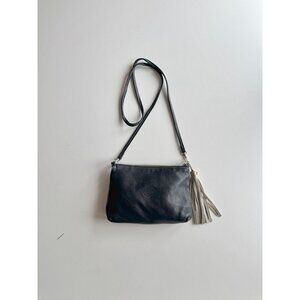 ROOTS Villager Black Leather Tasseled Crossbody Bag Purse Clutch Pouch